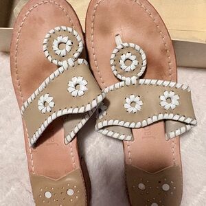 Jack Rogers Beige Leather Sandals with White Whipstitch & Floral Accents